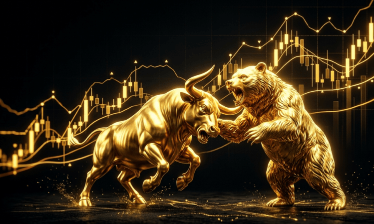Golden bull and bear representing the forex and Gold (XAUUSD) market, symbolizing bullish and bearish price movements with financial trading charts in the background.