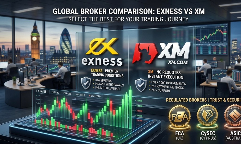 A professional website banner titled "GLOBAL BROKER COMPARISON: EXNESS VS XM". The background shows a modern trading room with large windows overlooking a city skyline at dusk. In the center, a futuristic transparent screen displays the 3D logos and key features of Exness and XM side-by-side. The foreground features a vibrant 3D holographic candlestick market chart with green and red bars. In the bottom right corner, three gold and bronze 3D regulatory seals are displayed for FCA (UK), CySEC (Cyprus), and ASIC (Australia) under the text "REGULATED BROKERS | TRUST & SECURITY".