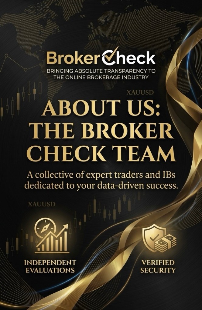 Broker Check Team About Us official website banner with dark luxury theme and golden global network graphics.