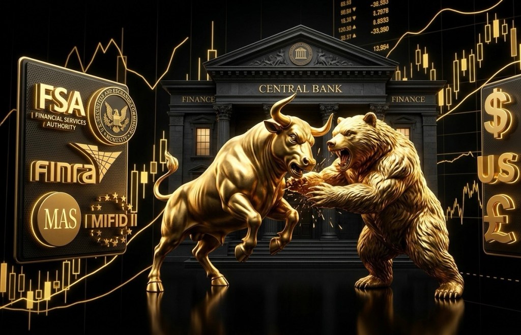 Premium Forex Broker Check central bank architecture feature: Golden 3D bull and bear fighting on a dark background, with official tier-1 regulatory logos (FSA, FINRA, MAS, MiFID II) and US Dollar/British Pound currency symbols.