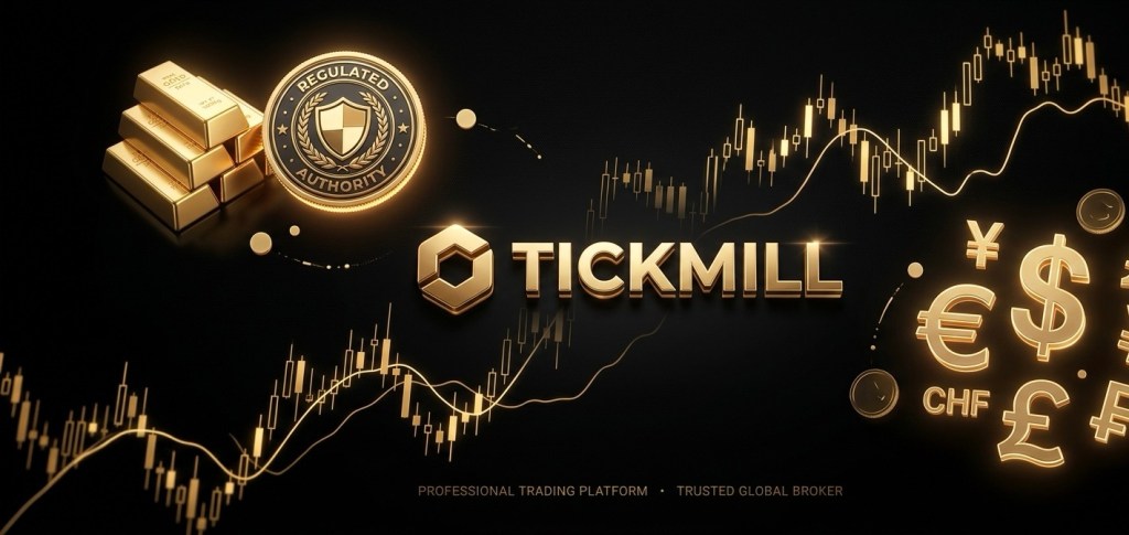Comprehensive Tickmill broker review interface featuring a deep luxury black and gold theme, illustrating raw spread tables, trading commissions data, and tier-1 regulatory seals.